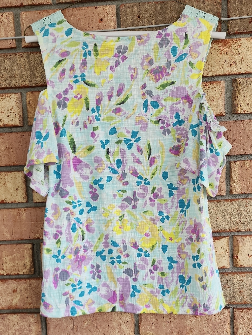 Lauren Conrad Size XS Floral Cold-Shoulder Women's Top with Eyelet Yoke - Mint - Picture 7 of 7